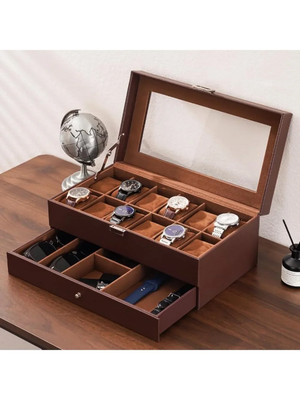 12-Slot Men's Watch Box Organizer with Drawer, Glass Lid - Perfect Gift for Dad
